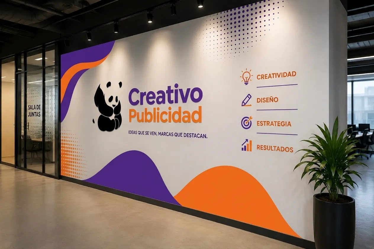 Muro interior rotulado con gráficos corporativos